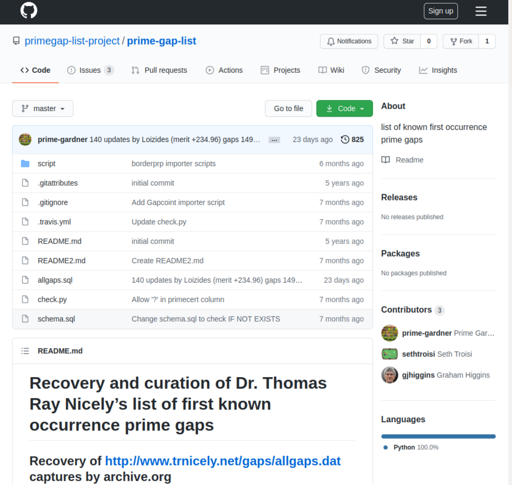 Screenshot of the prime gap list Github repository