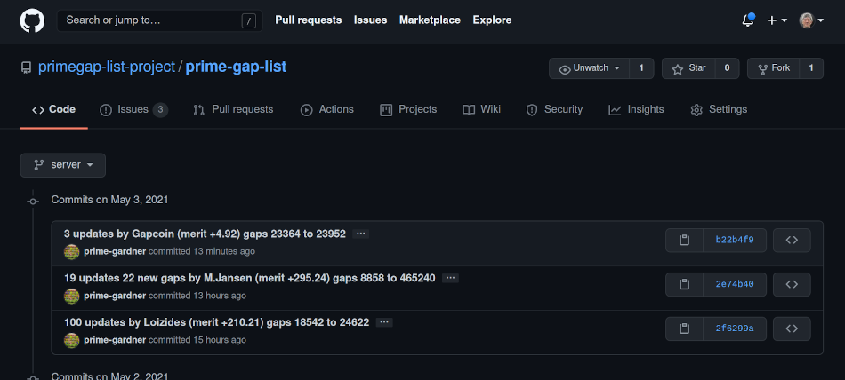Screenshot of prime gap list commits