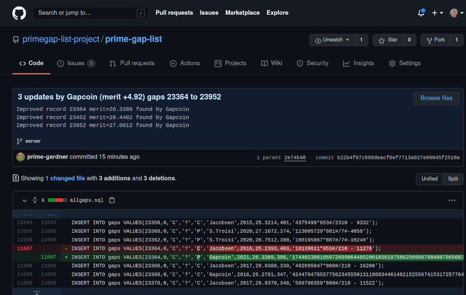 Screenshot of prime gap list commit
