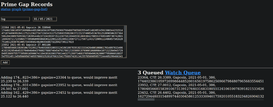 Screenshot of results of onine prime gap list submission service