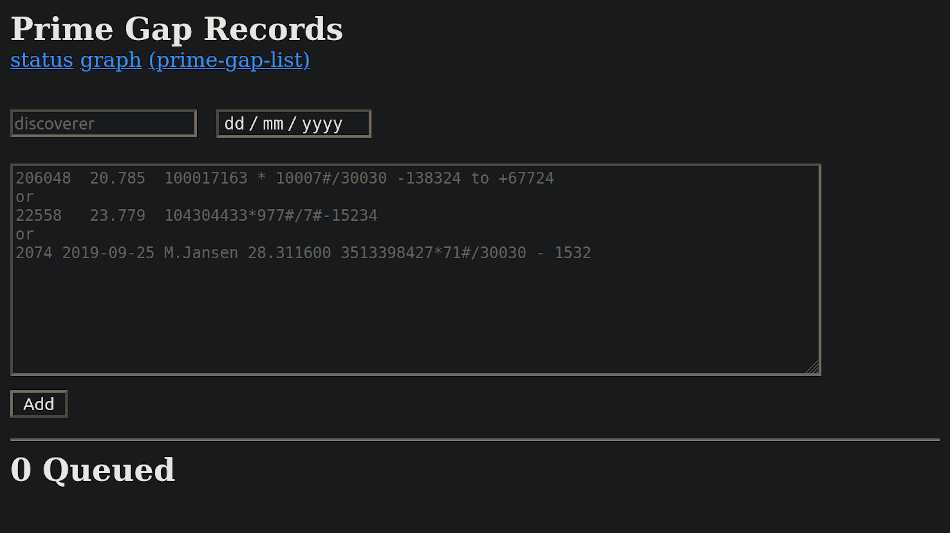 Screenshot of onine prime gap list submission service